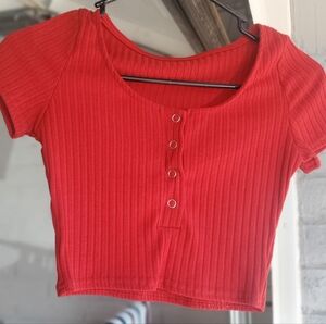 Red Ribbed Button-Up Crop Top